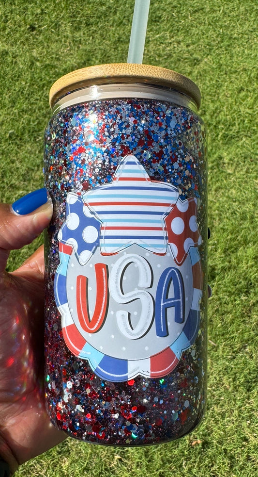 Red, White, and Blue Glittered Glass Tumbler